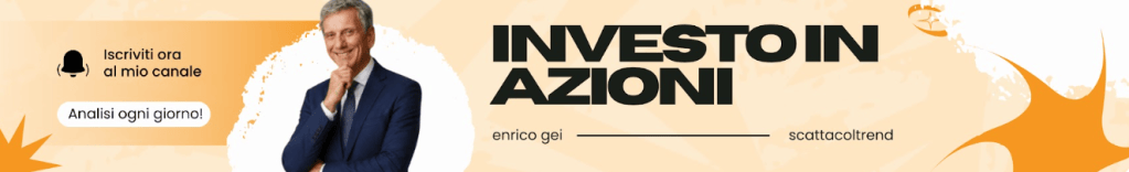 Immagine promozionale per un canale YouTube dedicato agli investimenti in azioni, con un uomo in giacca e cravatta che sorride, testo che invita a iscriversi e analizzare ogni giorno.