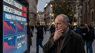 Man studies display reading “MERCATI FINANZIARI AL BIVIO” and “PAURA PER I POSSIBILI SCENARI,” with falling market charts.