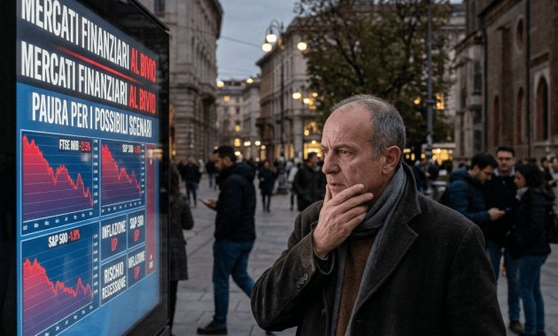 Man studies display reading “MERCATI FINANZIARI AL BIVIO” and “PAURA PER I POSSIBILI SCENARI,” with falling market charts.